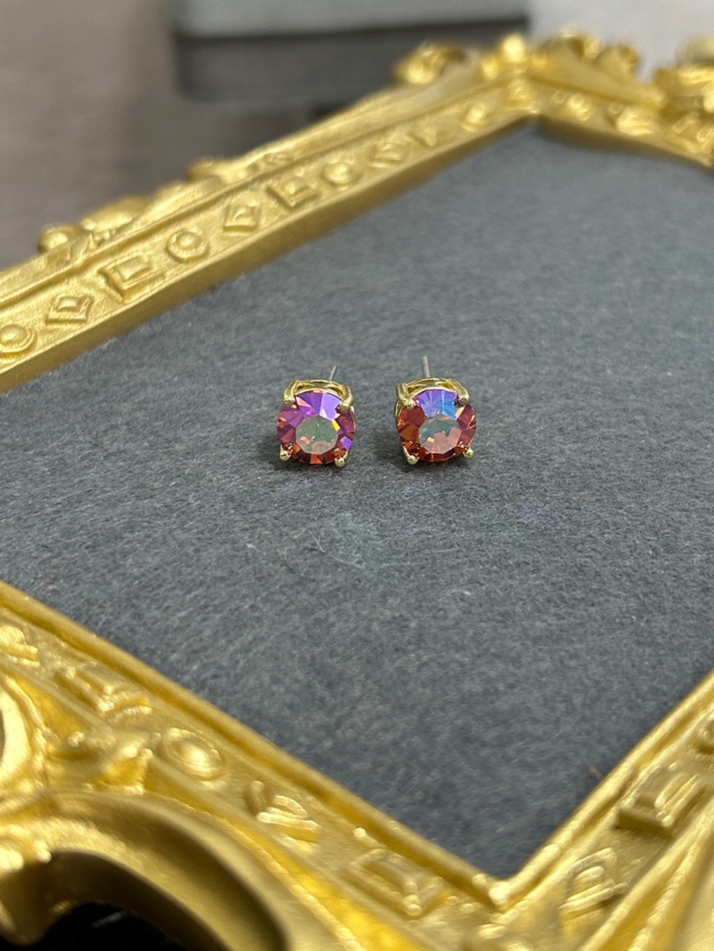 Gold-Set Iridescent Coral Crystal Stud Earrings - Picture 5 of 9